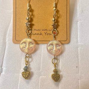 Celestial Moon-face Long Dangle Earrings with Gold Findings
